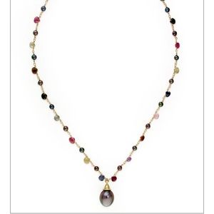18k GOLD MULTICOLOR BRIOLETTE & PEARL NECKLACE WITH SOUTH SEA PEARL PENDANT